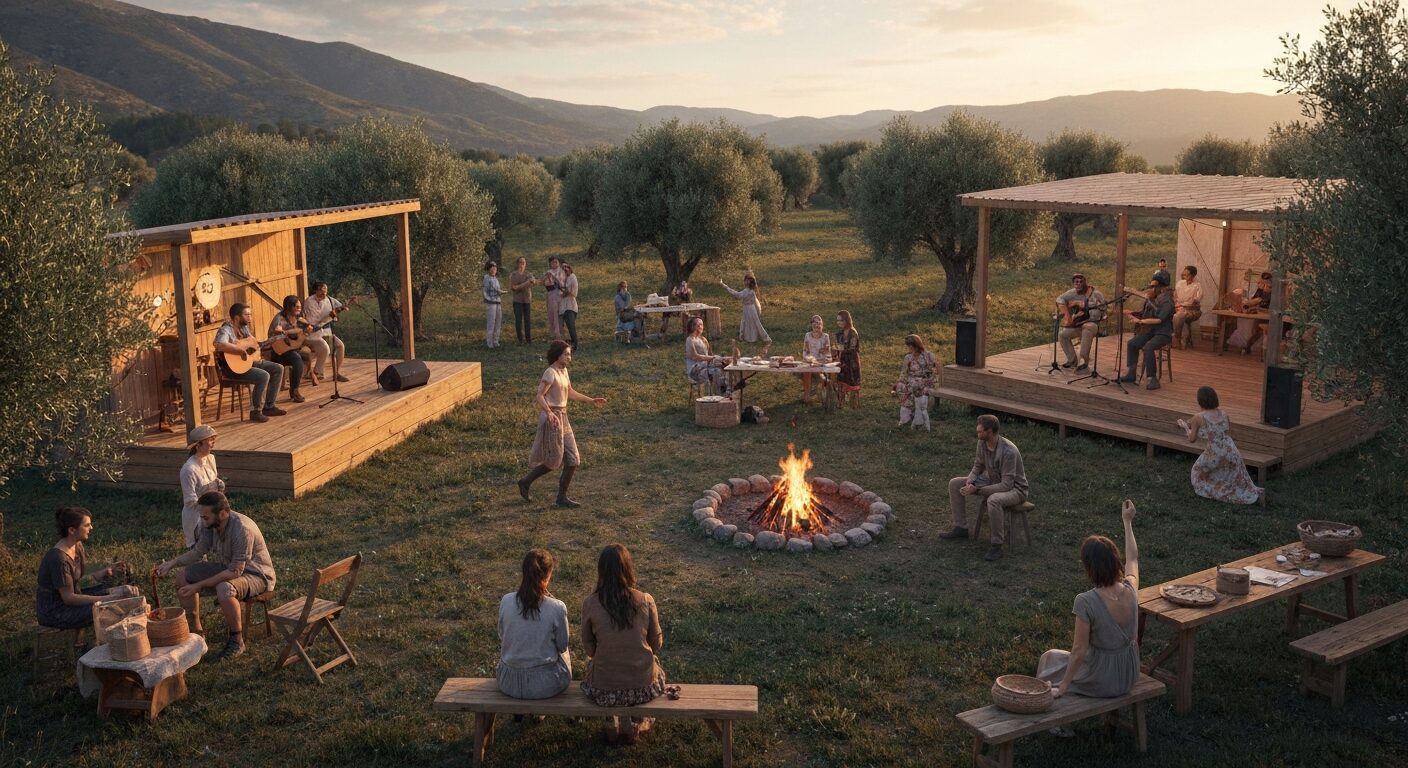 A photorealistic image of a vibrant rural festival at sunset, with people gathered around a bonfire in a rustic farmyard surrounded by mountains and olive trees. Musicians play acoustic instruments on