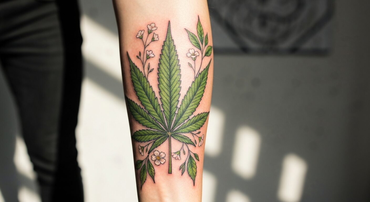 A hyperrealistic tattoo of a cannabis leaf on a forearm, with intricate details showing the serrated edges and vein patterns, surrounded by botanical elements like small flowers and leaves, natural li