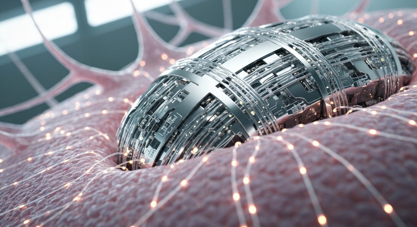 A photorealistic close-up of a futuristic brain implant device with intricate circuitry and biocompatible materials, partially embedded in neural tissue with glowing connections, medical setting with