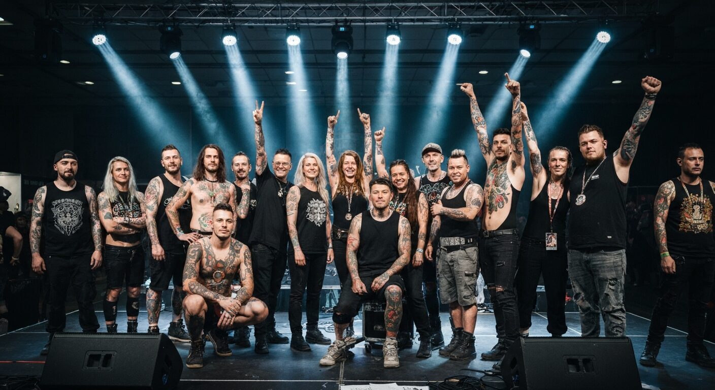 A photorealistic image of a diverse group of tattoo artists and enthusiasts gathered at an alternative culture convention, with vibrant tattoo displays on their arms and bodies, under dramatic stage l