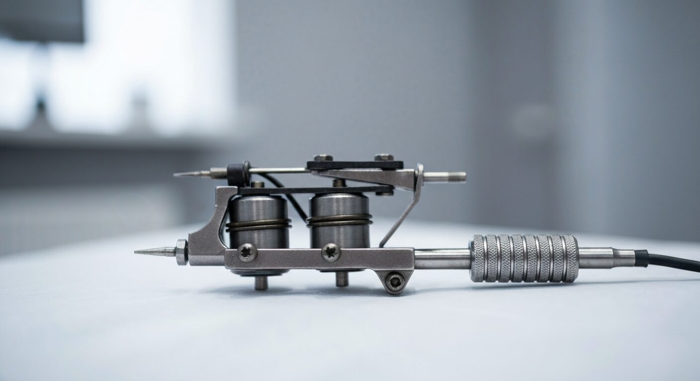 A close-up, photorealistic image of a professional tattoo machine with coils, resting on a clean, sterile surface in a tattoo studio. The machine shows intricate details like the coils, needle bar, an