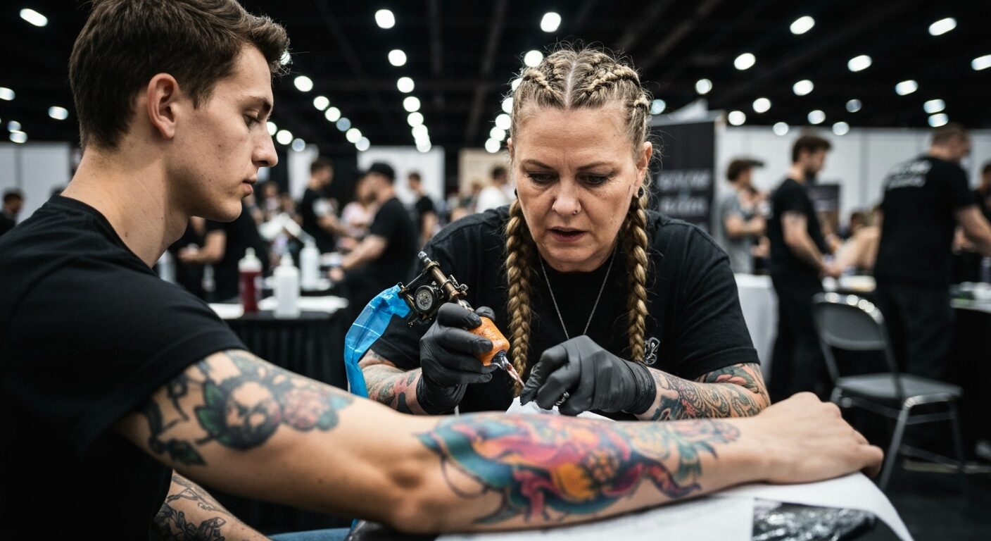 A photorealistic image of a tattoo artist in action at a competition, focusing on detailed handwork with a tattoo machine on a client's arm, vibrant colors and intricate designs visible, intense conce