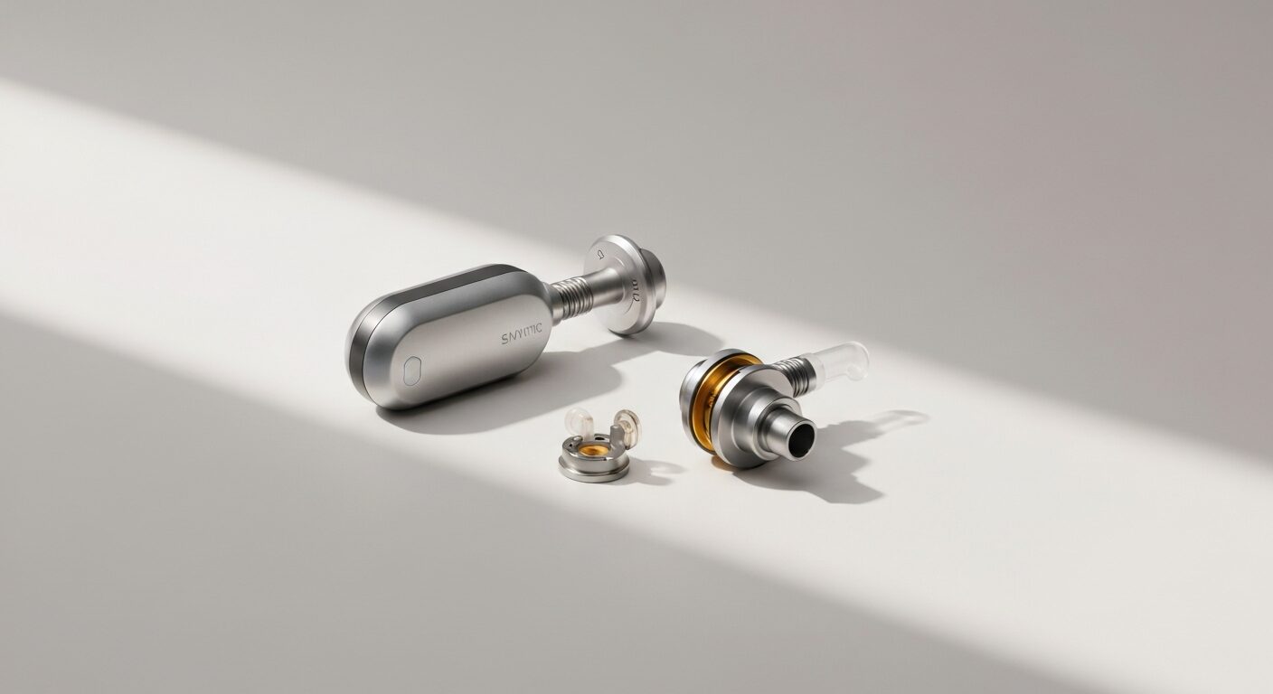 A photorealistic image of a modern cochlear implant device with sleek design, showing the external processor and internal implant components, placed on a neutral background with soft lighting to highl