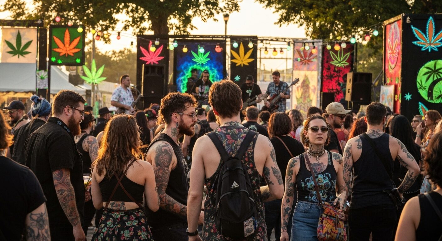 A vibrant, photorealistic scene at a cannabis culture festival, showing diverse people with tattoos and alternative fashion, enjoying live music and art installations under colorful lights, with canna