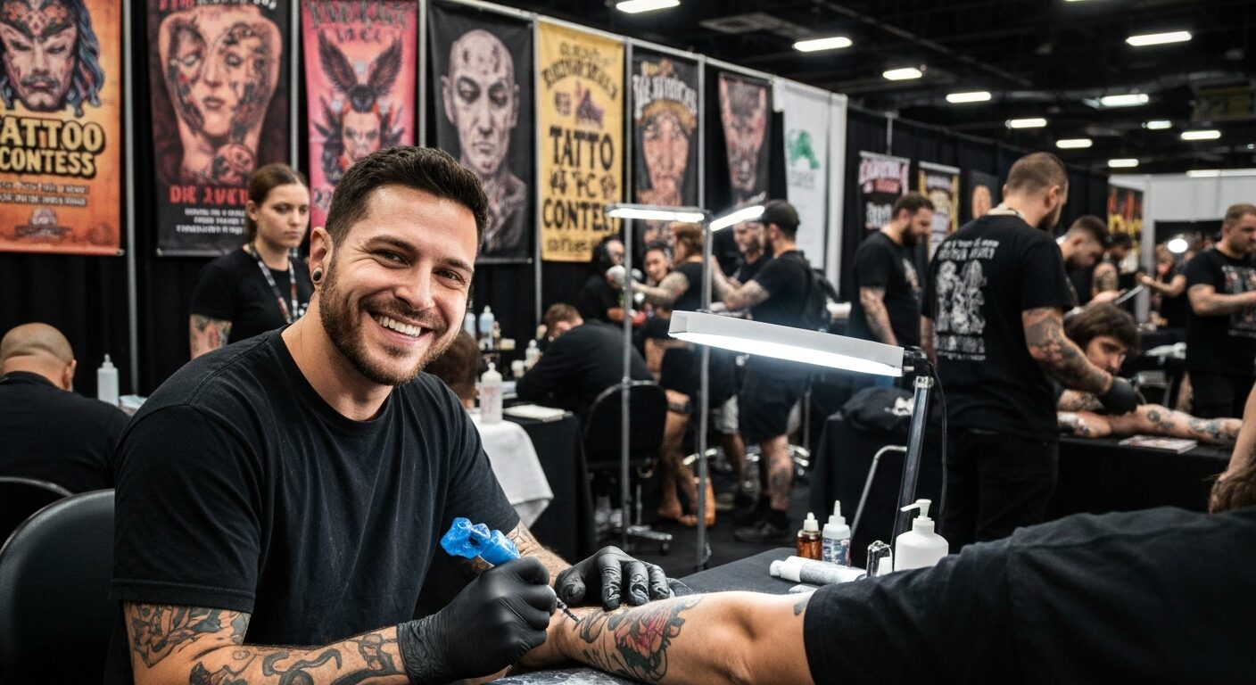 A detailed, photorealistic image of a tattoo artist working on a client's arm at a bustling tattoo convention, with vibrant convention banners in the background and other artists and attendees visible