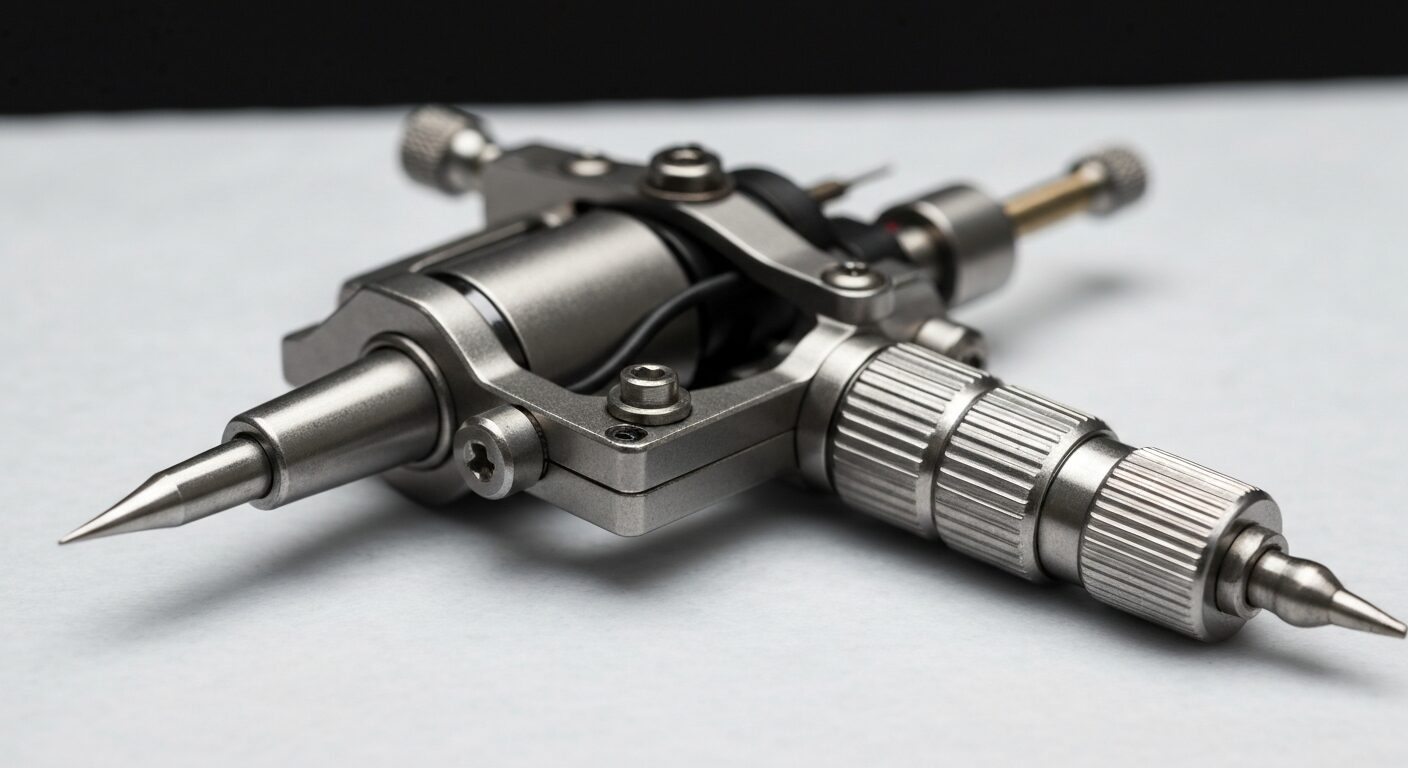 A close-up, photorealistic image of a modern tattoo machine on a clean, sterile surface, with detailed metal components and a needle cartridge attached, showcasing its sleek design and professional cr