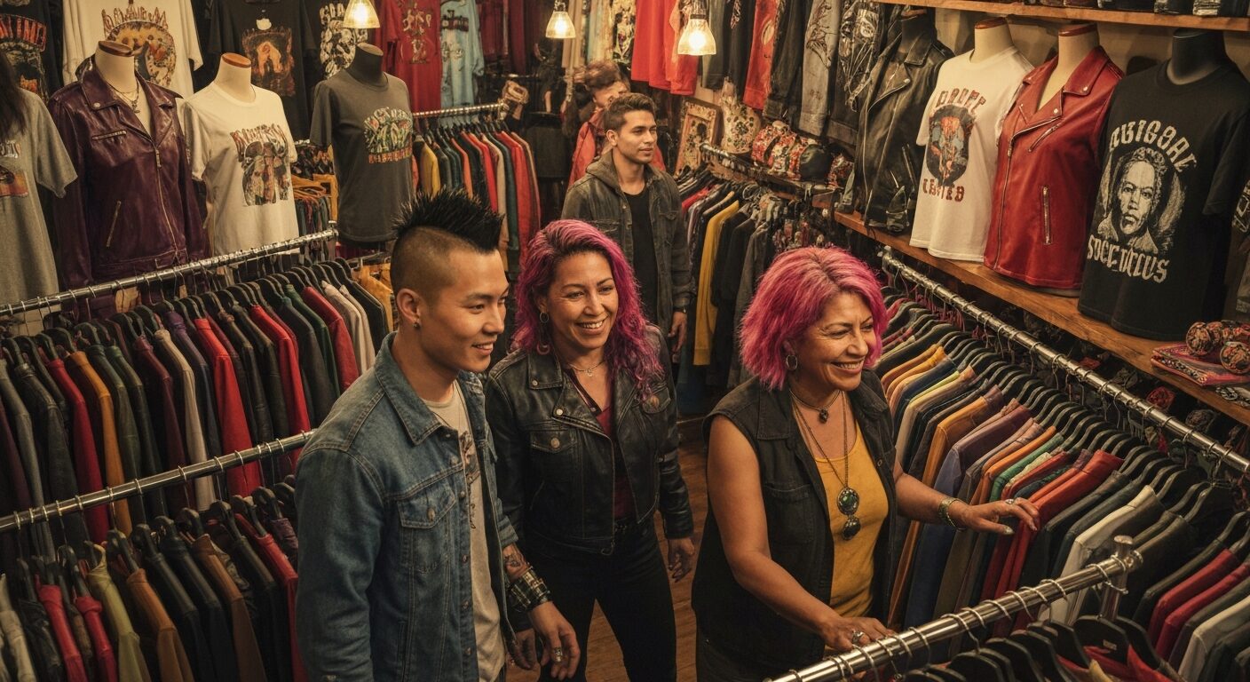 A detailed, photorealistic image of a diverse group of alternative fashion enthusiasts browsing through a vibrant vintage clothing store. The scene includes racks filled with colorful leather jackets,