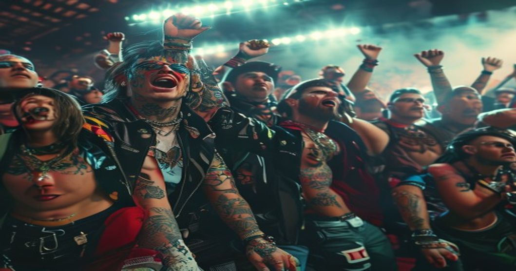 A photorealistic image of a diverse group of football fans in a stadium stand, wearing alternative fashion styles such as punk jackets with patches, skinhead boots, casual sportswear, and streetwear,