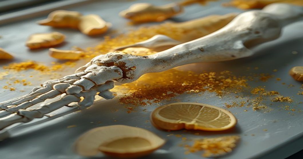 A detailed, photorealistic close-up of a human bone implant made of titanium, partially integrated with natural bone tissue, surrounded by subtle golden turmeric powder and fresh ginger slices on a st