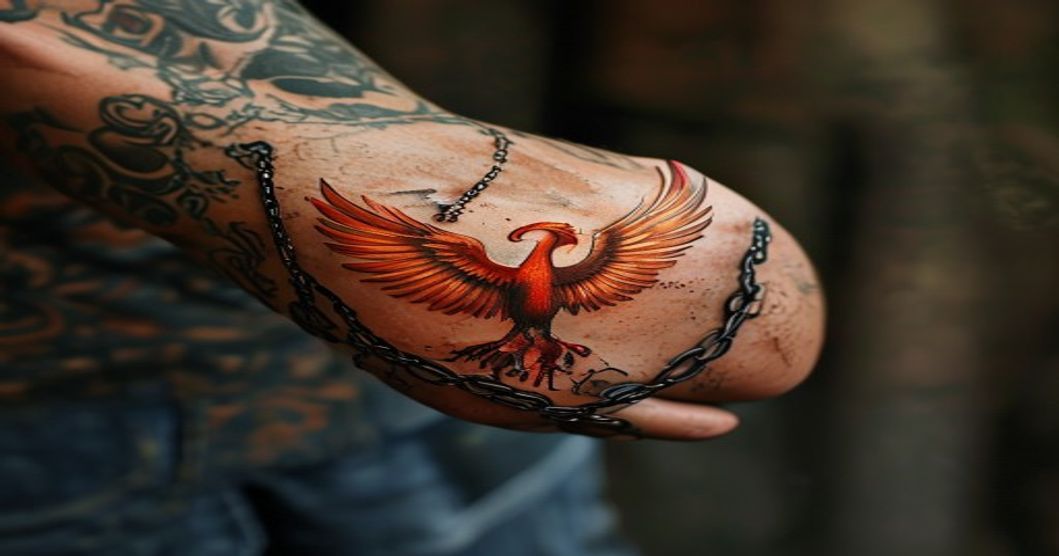 A close-up photorealistic image of a person's arm with meaningful tattoos including a phoenix rising from ashes, broken chains, and symbolic text, showing detailed ink work on skin with natural lighti