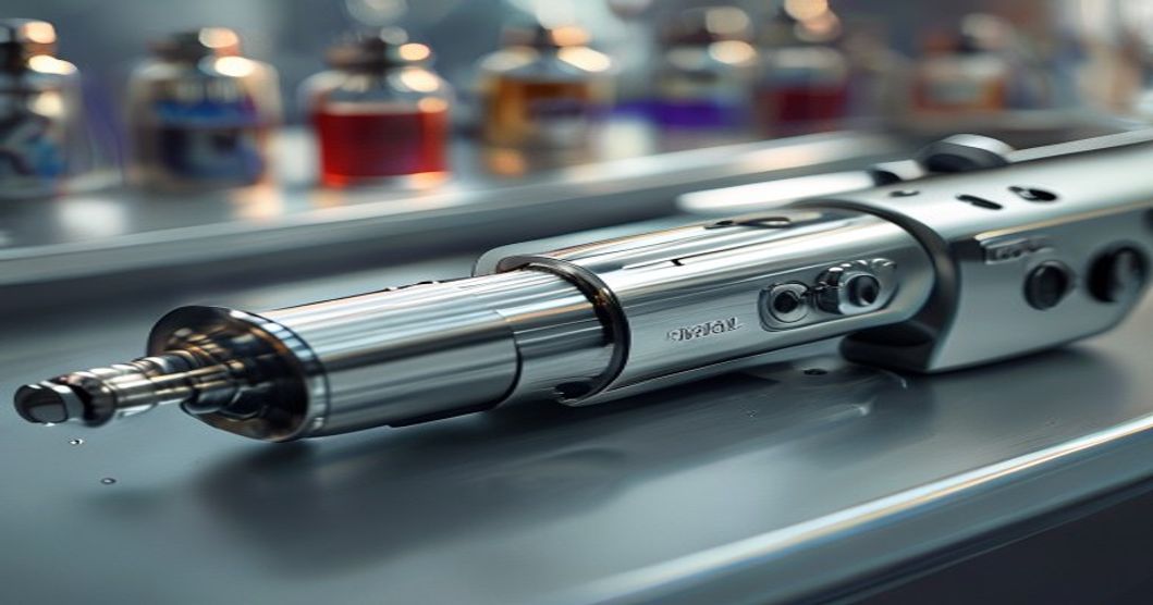 A close-up, photorealistic image of a modern tattoo machine with a rotary mechanism, resting on a clean, sterile workspace. The machine is made of stainless steel and titanium, with fine details visib