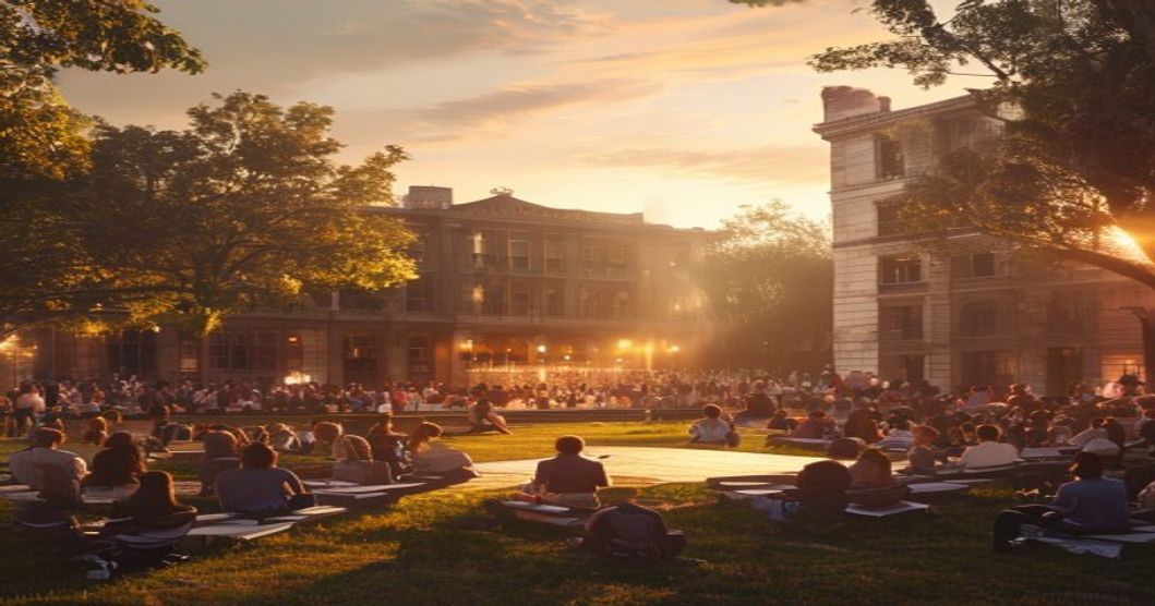 A photorealistic image of an outdoor concert at a historic library plaza at sunset, with a diverse crowd of people sitting on benches and grass, listening to a live band performing on a small stage, w