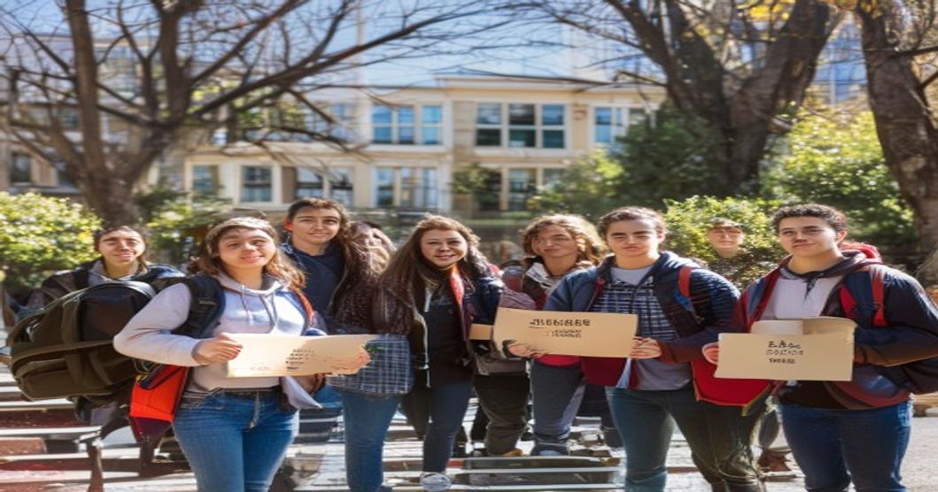 A diverse group of university students gathered peacefully in front of an educational building, holding handmade signs with educational demands, wearing casual clothing and backpacks, natural daylight