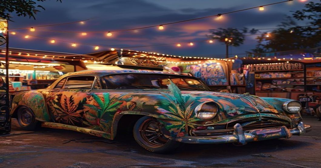 A detailed photorealistic image of a customized vintage car at an alternative festival, with psychedelic cannabis leaf designs painted on its doors, parked near tattoo and piercing stalls under string