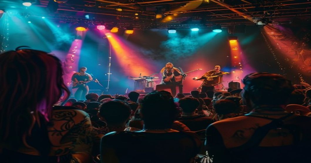A photorealistic image of an intimate alternative rock concert in a dimly lit venue, with a band performing on a small stage, vibrant colored lights illuminating the crowd, and attendees with visible