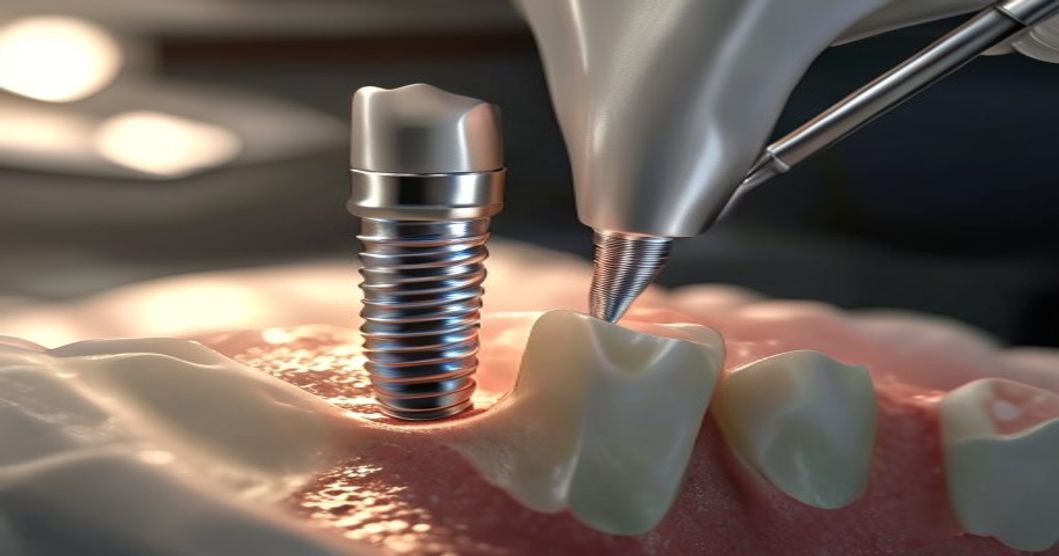 A detailed close-up photorealistic image of a dental implant procedure in progress, showing a titanium implant being placed into jawbone with surgical precision instruments, natural lighting in a mode