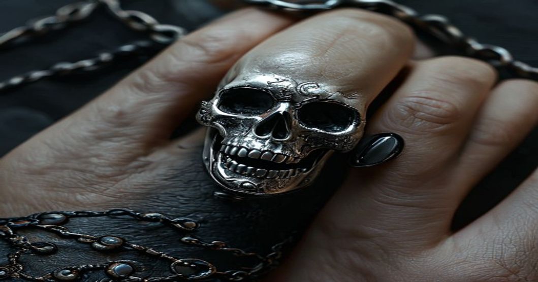 A detailed close-up of a gothic skull ring on a hand with black nail polish, showing intricate silver-plated details and adjustable hinge mechanism, against a dark textured background with subtle leat