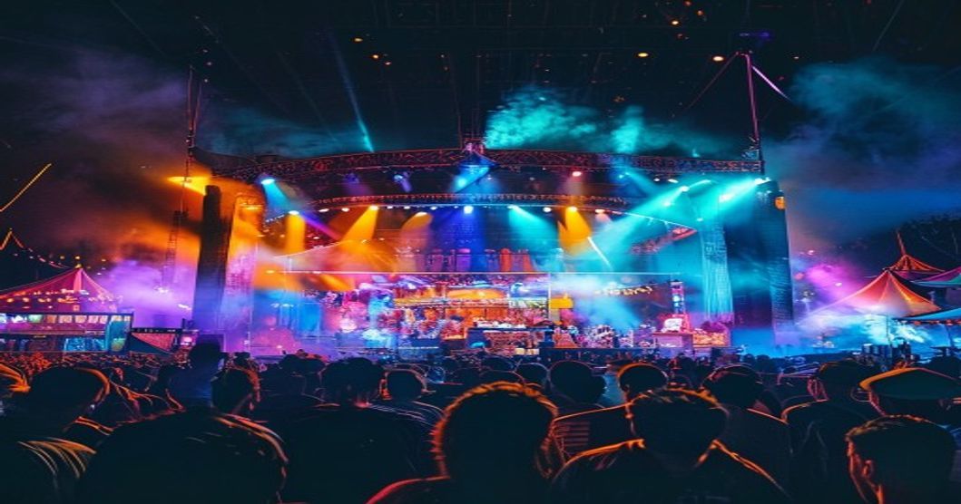 A vibrant nighttime concert at a traditional fair with a large stage, colorful lights illuminating a diverse crowd of people enjoying live music, food stalls visible in the background with festive dec