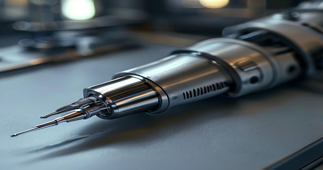 A close-up, photorealistic image of a modern tattoo machine resting on a clean, sterile surface in a professional tattoo studio. The machine shows detailed components like the grip, needle bar, and po
