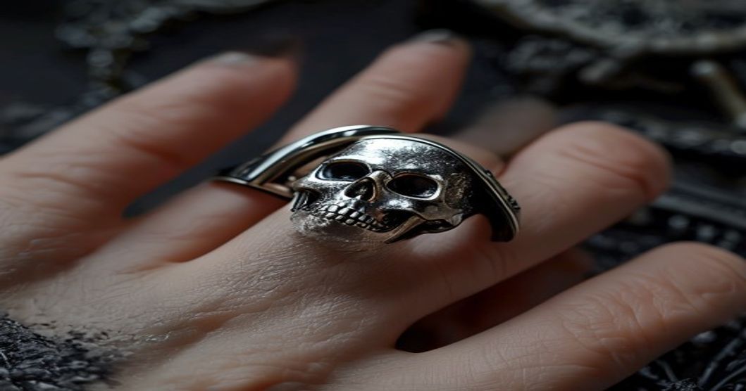 A close-up, photorealistic image of a detailed skull ring on a hand with black nail polish, showing the adjustable band mechanism and silver plating catching light, against a dark textured background