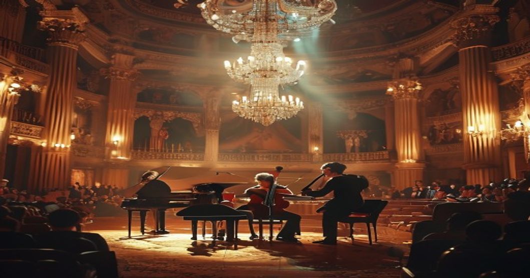 A photorealistic image of a classical music duo performing on stage in a historic palace theater, with a grand piano and a violinist under warm stage lighting, elegant audience in the background, deta