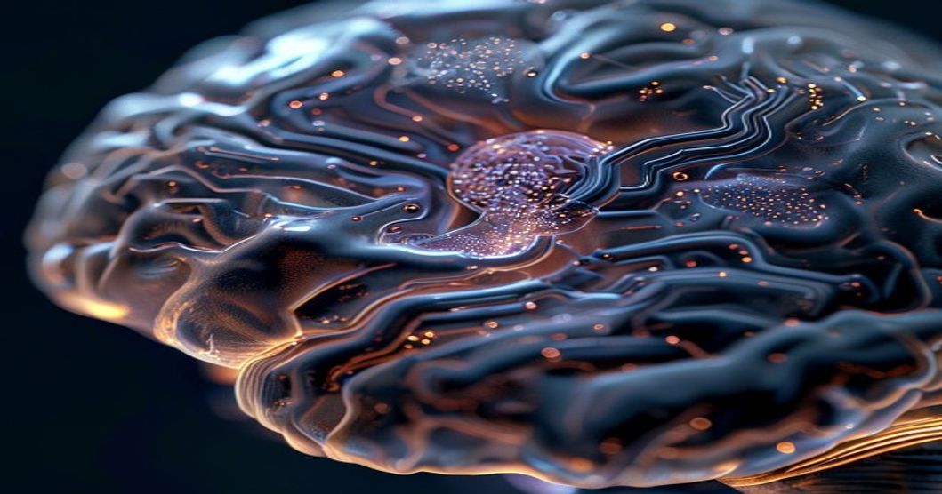 A detailed, photorealistic close-up of a human brain with a subtle, high-tech neural implant visible on the surface, showing intricate microcircuitry and biocompatible materials, with soft lighting hi