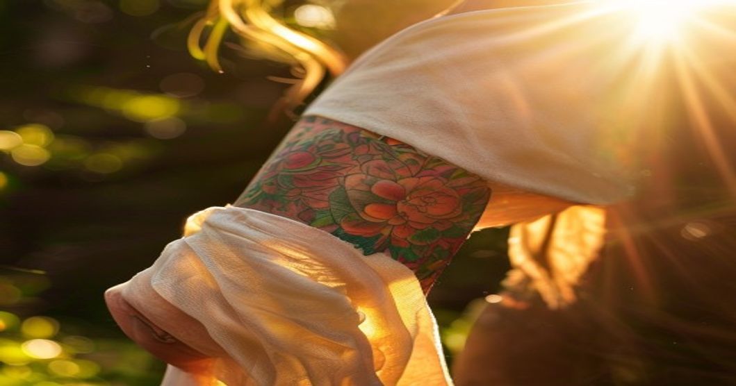 A close-up, photorealistic image of a person's tattooed arm with vibrant colors, partially covered by a light, breathable fabric sleeve to protect from sun exposure, with soft sunlight filtering throu