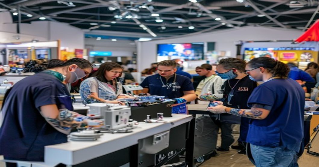 A realistic photo of a diverse group of tattoo artists and healthcare professionals collaborating at a convention booth, with medical equipment and tattoo machines visible, in a bright, modern event h