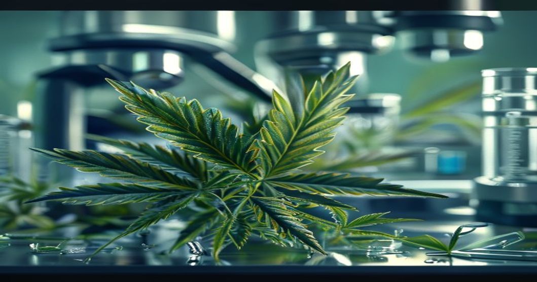 A detailed, photorealistic close-up of cannabis leaves and buds in a laboratory setting, with scientific equipment like microscopes and test tubes in the background, natural lighting highlighting the