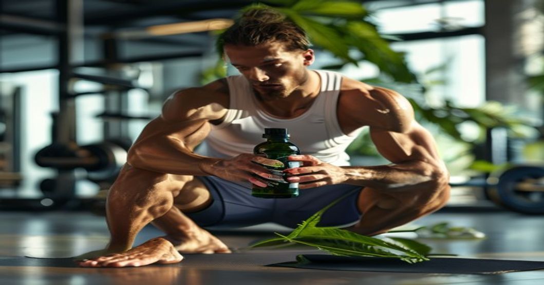 A professional athlete in sportswear stretching after a workout, with a bottle of CBD oil and a hemp leaf design on their water bottle in the background, natural lighting in a modern gym setting, real