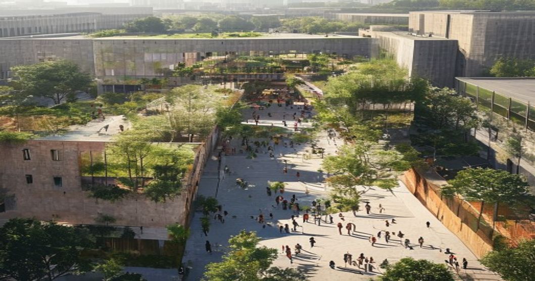 Aerial view of a transformed urban space showing a former industrial building converted into a modern cultural center with green spaces, people walking, and contemporary architectural elements blendin