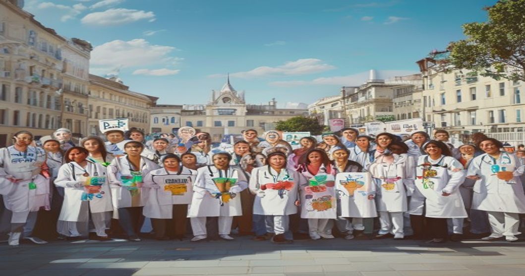 A large group of healthcare professionals wearing white coats and medical scrubs gathered in a public square during daylight, holding signs with medical symbols and messages about healthcare rights, d