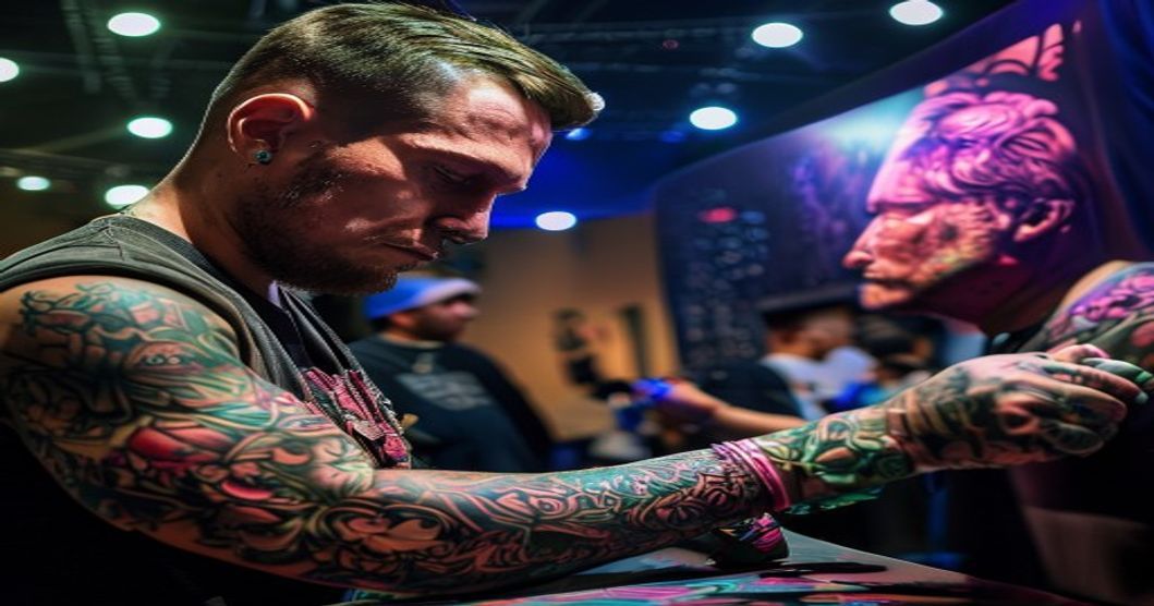 A hyper-realistic photo of a tattoo artist concentrating intensely while working on a detailed sleeve tattoo in a competition setting, with bright stage lighting highlighting the intricate colors and