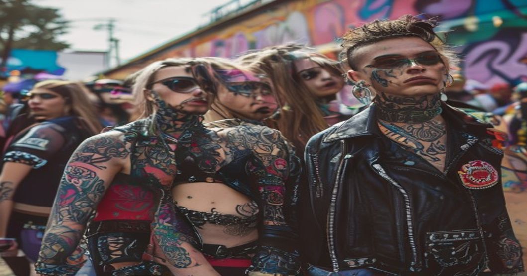 A diverse group of people at an alternative fashion festival, showing political tattoos on arms and visible piercings, wearing leather jackets with political patches, standing in an urban festival set