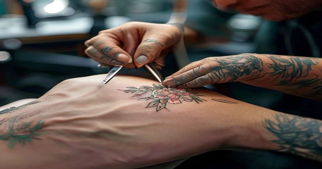 A detailed, realistic close-up of a skilled tattoo artist's hands working on a client's arm, showing intricate floral tattoo design with fine lines and shading, in a clean, professional tattoo studio