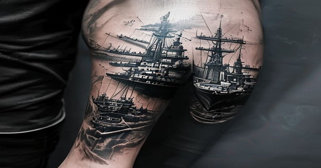 Photorealistic close-up of a tattoo on a forearm depicting the Strait of Hormuz with oil tankers and warships, black and grey shading, detailed map lines, dramatic lighting, high contrast