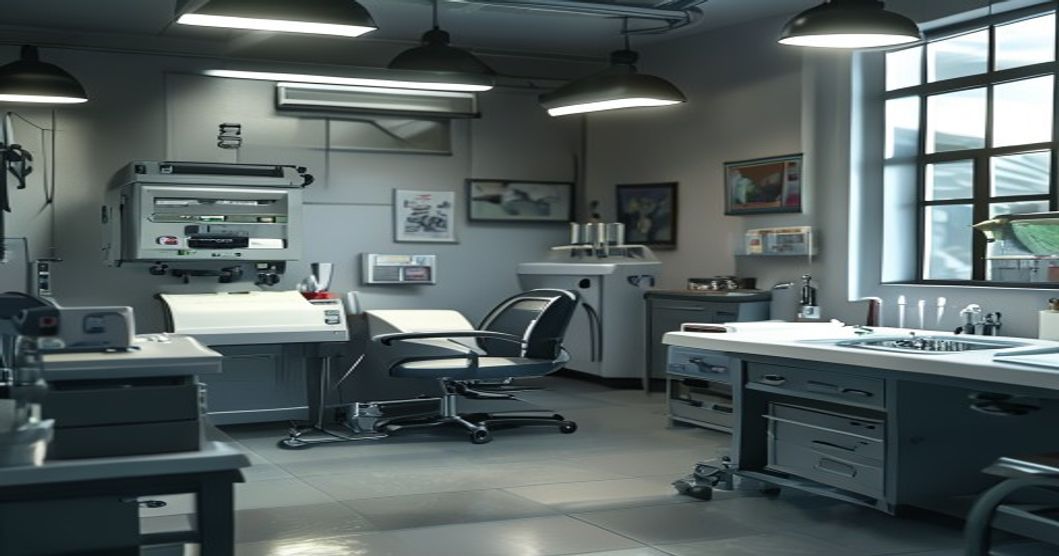 A photorealistic image of a professional tattoo studio with an autoclave machine, sterilized equipment in sealed packages, and a clean workspace. The room is well-lit, with a tattoo chair and a sink i