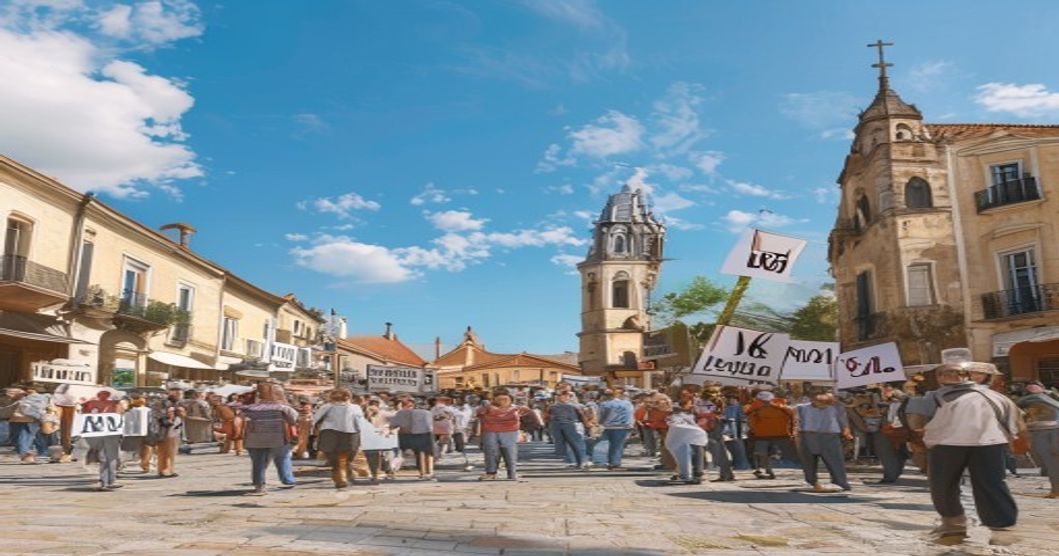 A photorealistic wide-angle shot of a peaceful protest in a small Spanish town square, with people holding signs that say 'No a la guerra' and 'Paz', under a clear blue sky. The scene includes familie