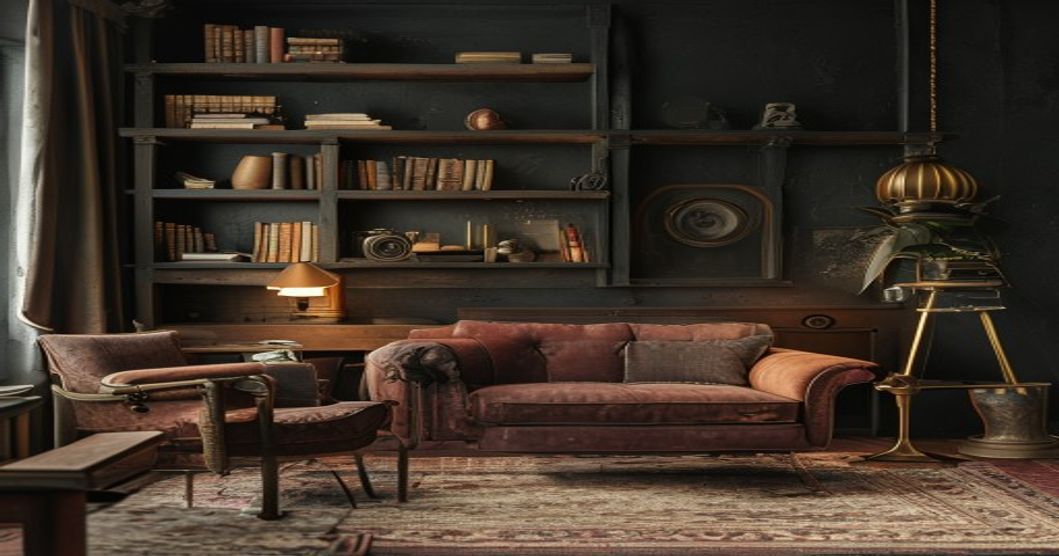 A photorealistic image of a living room with alternative decor, featuring a vintage book on a shelf that is actually a hidden camera. The room has dark walls, industrial furniture, and a steampunk lam