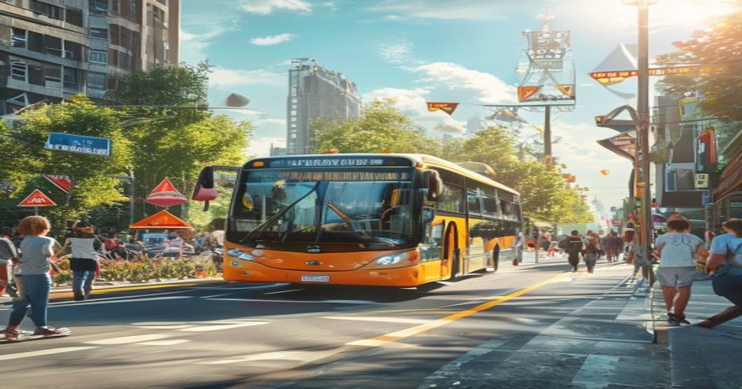 A realistic photo of a city bus driving through a detour route with temporary traffic signs and cones, surrounded by pedestrians walking to a concert venue in the background. Sunny day, urban setting.