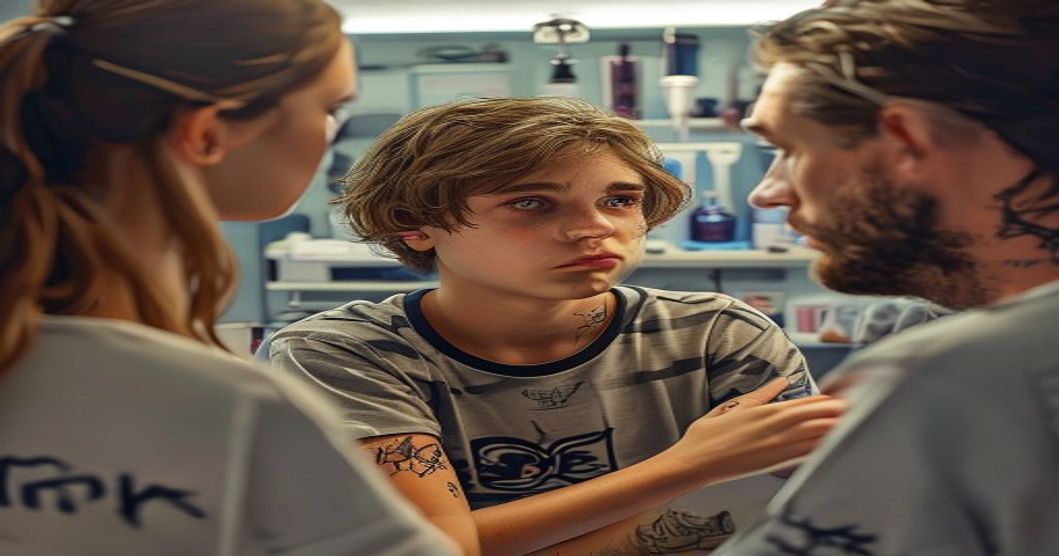A photorealistic image of a teenager looking at a temporary tattoo design on their arm, with a concerned parent beside them. The setting is a clean, modern tattoo studio with sterilization equipment v