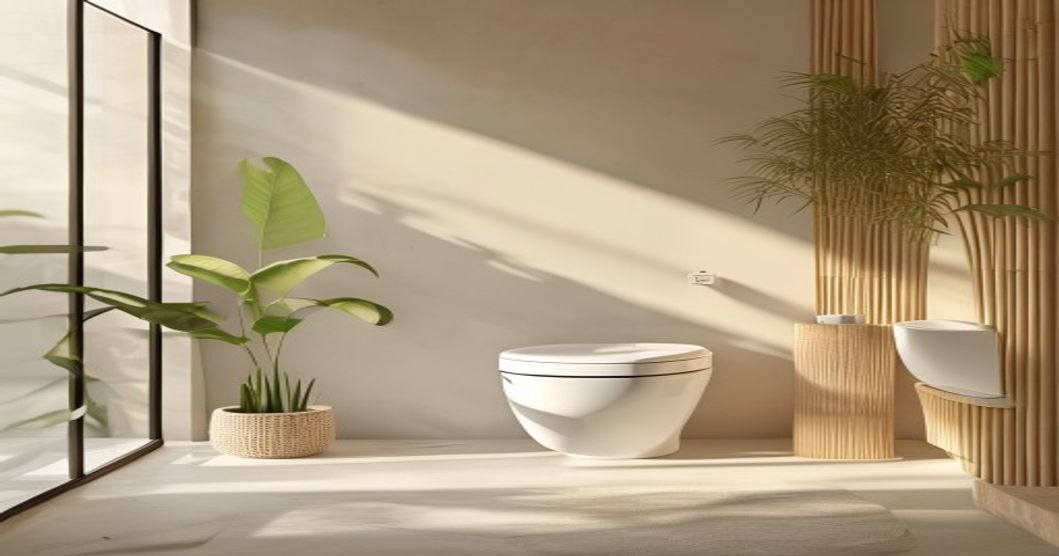 A photorealistic image of a modern Japanese washlet toilet in a minimalist bathroom, with soft natural light, clean lines, and a bamboo plant nearby, no text or logos.