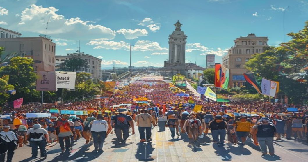 A photorealistic wide-angle view of a peaceful protest march in Mexico City, with a large crowd carrying colorful banners and signs, walking along Paseo de la Reforma towards the Ángel de la Independ
