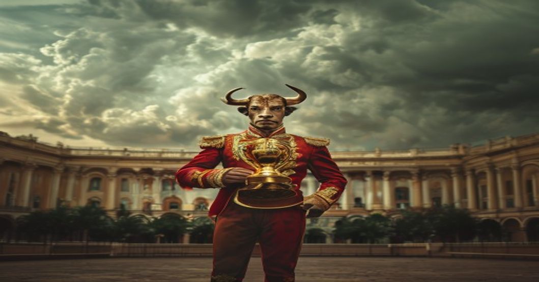 A realistic photo of a bullfighter in traditional suit of lights, holding a gold trophy, standing in front of the Spanish Senate building under a dramatic cloudy sky.