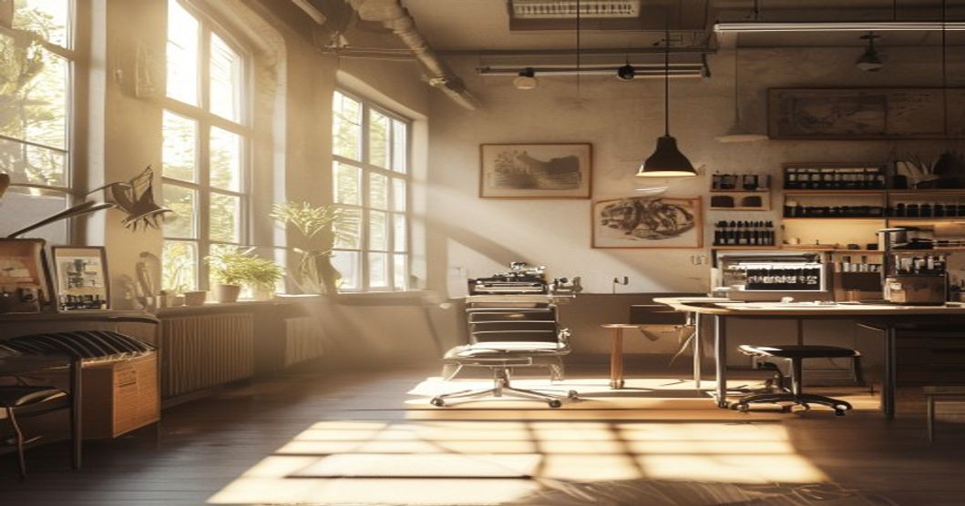 A bright, clean tattoo studio interior with natural light streaming through large windows. Focus on a minimalist workspace with a tattoo machine, ink caps, and a sketchbook. Soft shadows, warm tones,