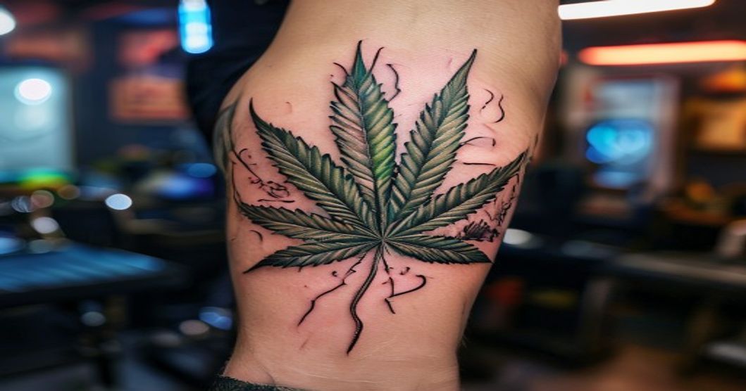 Photorealistic close-up of a hyperrealistic cannabis leaf tattoo on a human arm, with intricate shading and veins, set in a tattoo parlor with neon lights and tattoo machines in background.