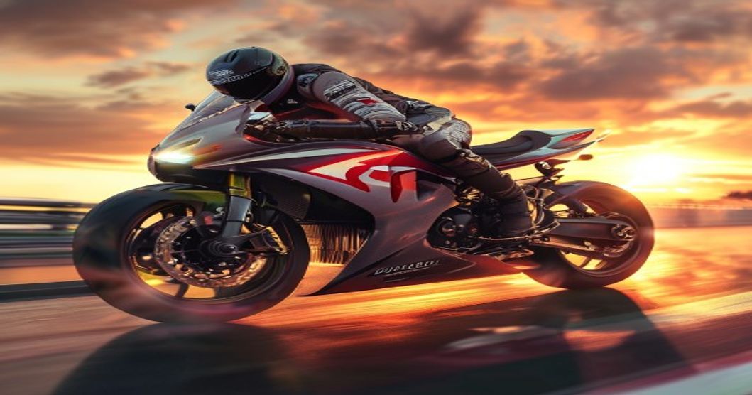 A photorealistic image of a MotoGP motorcycle racing on a track at sunset, with a cannabis leaf subtly integrated into the design on the bike's fairing, and a relaxed rider in the background.