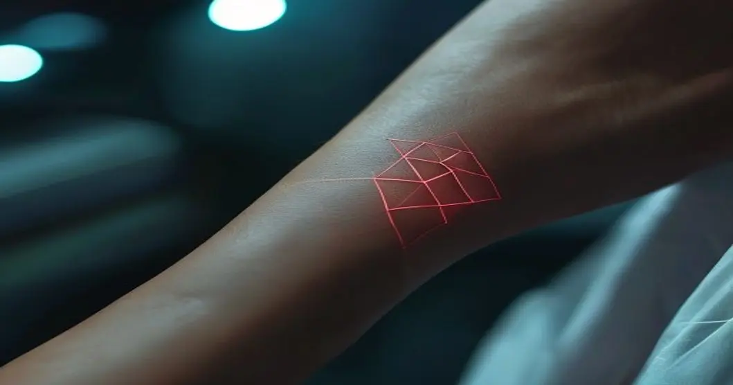 Photorealistic close-up of a person's arm with a subdermal implant creating a raised geometric pattern under the skin, soft lighting, medical setting, no logos or text.