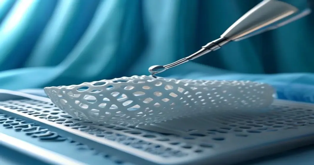 Photorealistic close-up of a biodegradable bone implant made of a white polymer lattice, placed on a surgical tray next to a metal screw for comparison. The implant has a porous structure, and the bac