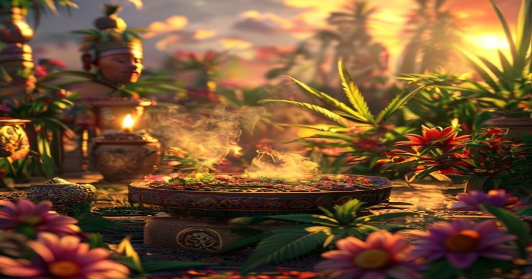 Photorealistic image of a traditional indigenous ceremony in Mexico, with cannabis plants being used as incense, surrounded by native flowers and ancient artifacts, warm sunset lighting, respectful an